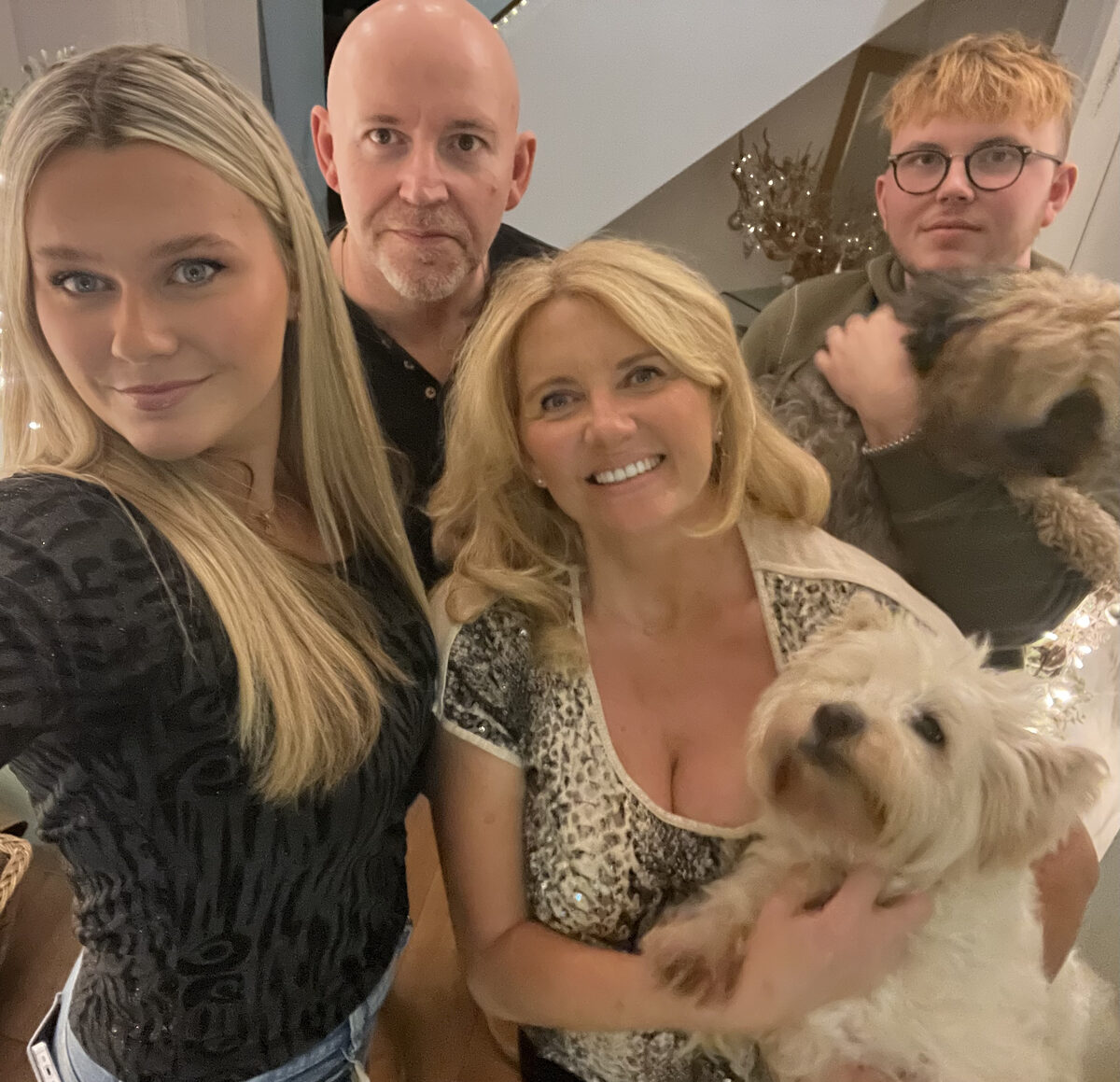 Beth and Charles Linden with Charlie and Flo, and dogs Cecil and Percy